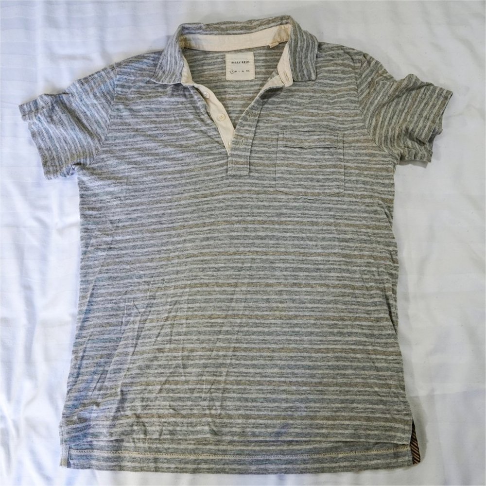BILLY REID Men's Polo Tshirt, Gray White Blue Orange Stripe, Sz. Small